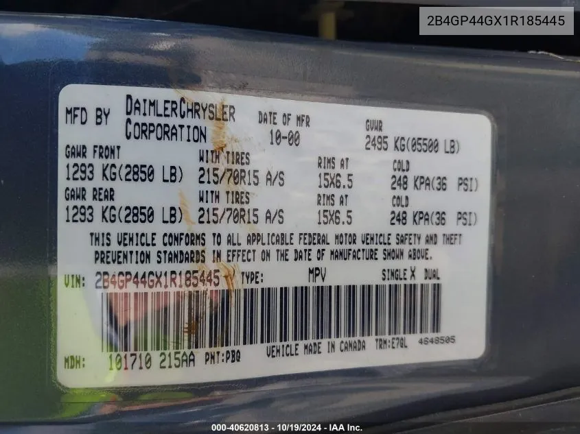 2B4GP44GX1R185445 2001 Dodge Grand Caravan Sport