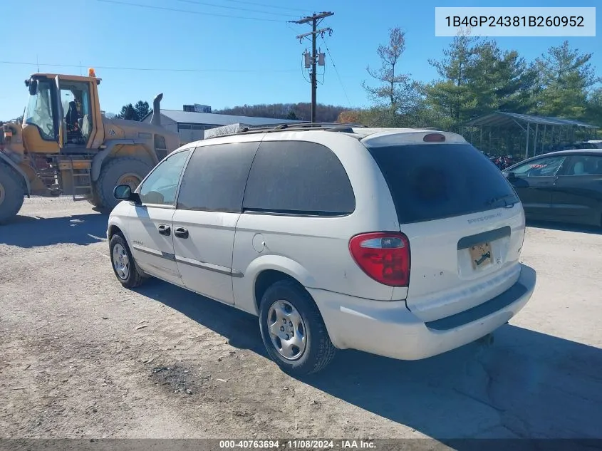 2001 Dodge Grand Caravan Se VIN: 1B4GP24381B260952 Lot: 40763694