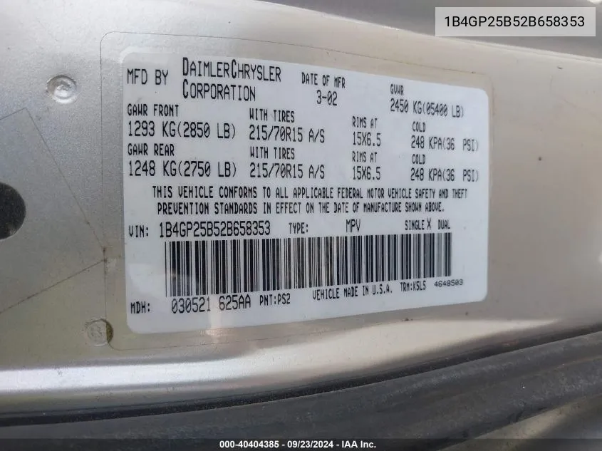 1B4GP25B52B658353 2002 Dodge Caravan Se