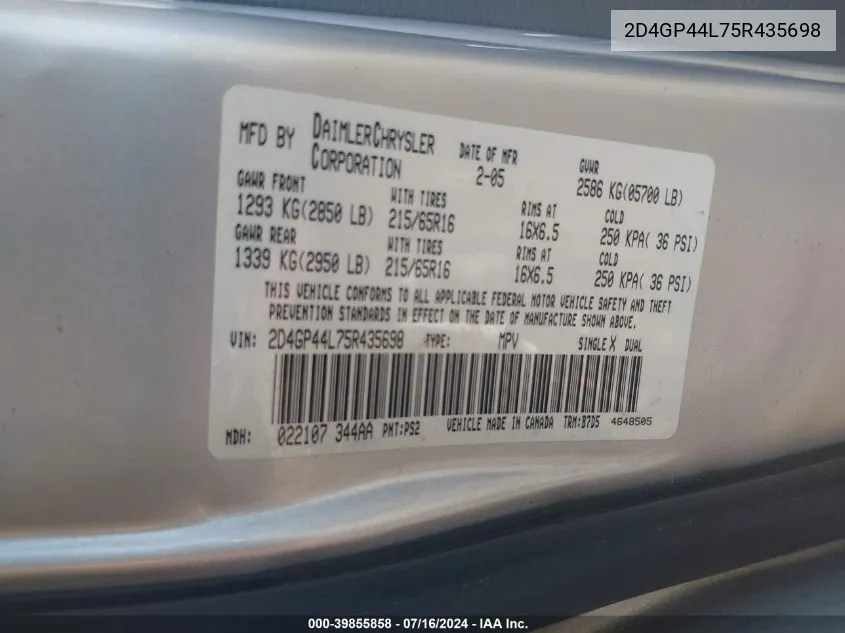 2D4GP44L75R435698 2005 Dodge Grand Caravan Sxt