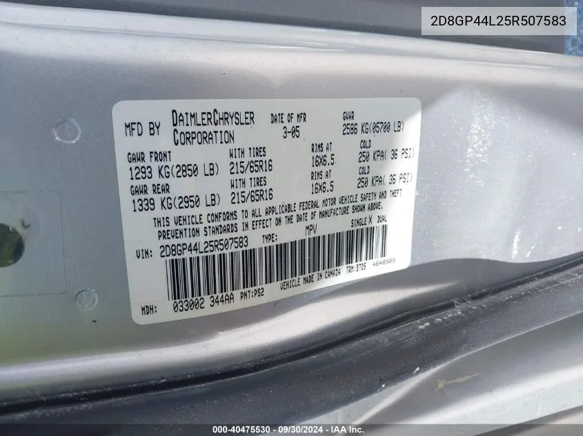 2D8GP44L25R507583 2005 Dodge Grand Caravan Sxt