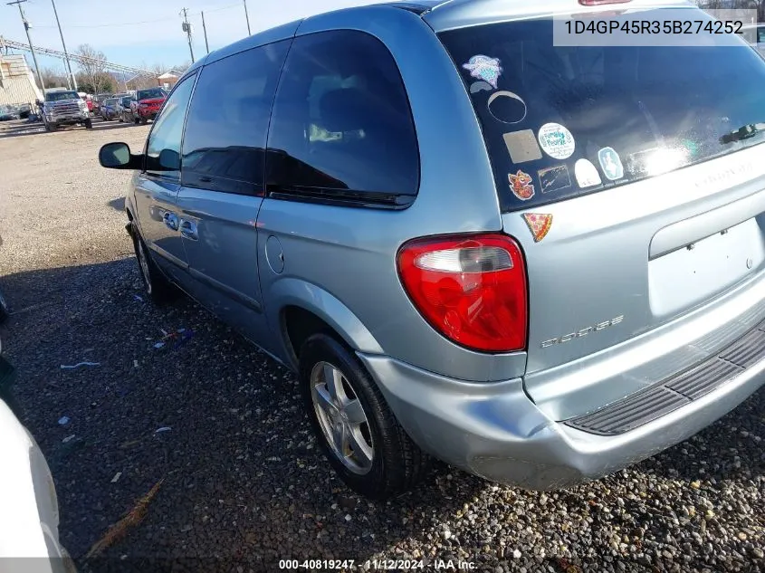 2005 Dodge Caravan Sxt VIN: 1D4GP45R35B274252 Lot: 40819247