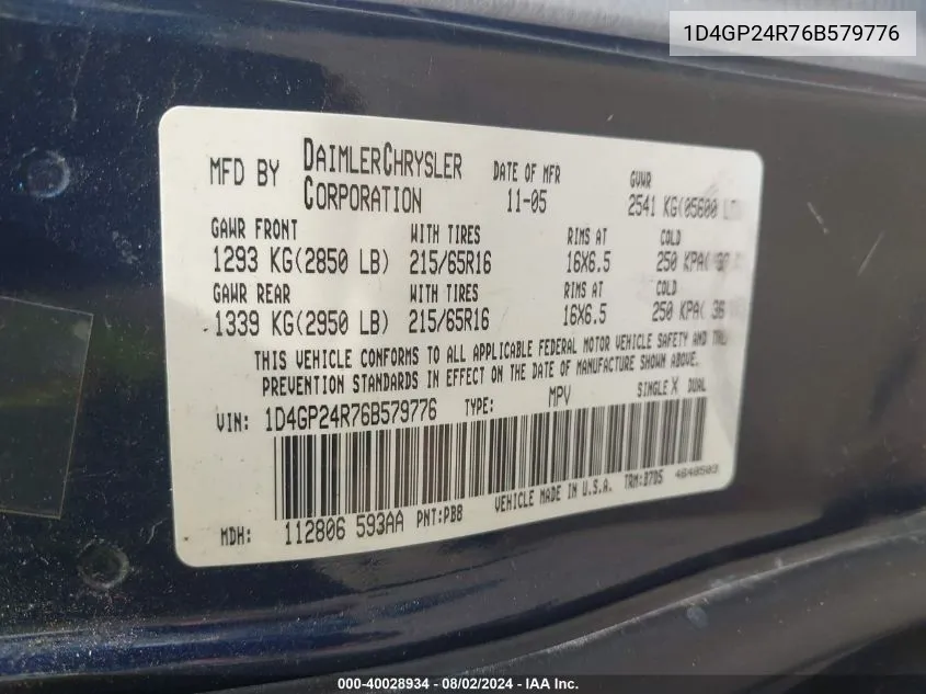 1D4GP24R76B579776 2006 Dodge Grand Caravan Se