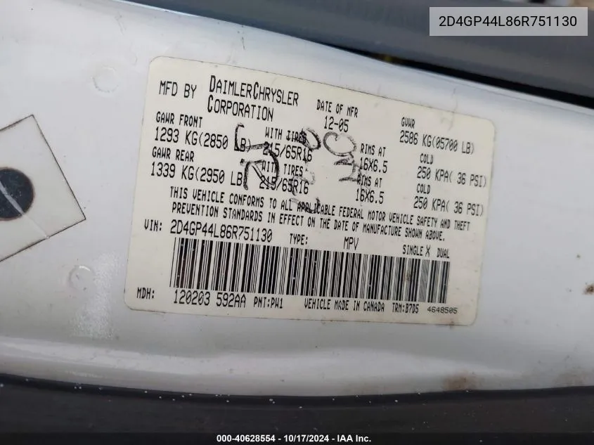 2006 Dodge Grand Caravan Sxt VIN: 2D4GP44L86R751130 Lot: 40628554