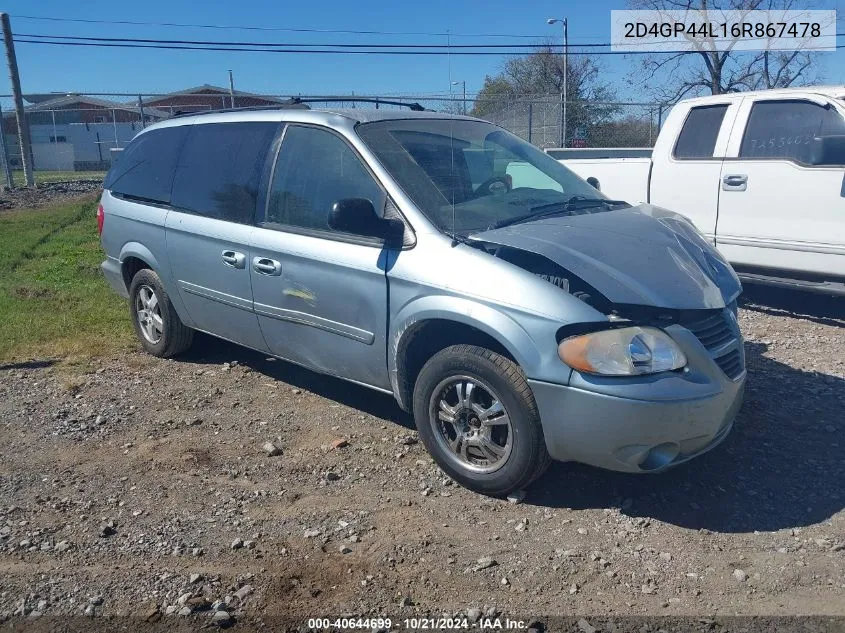 2006 Dodge Grand Caravan Sxt VIN: 2D4GP44L16R867478 Lot: 40644699