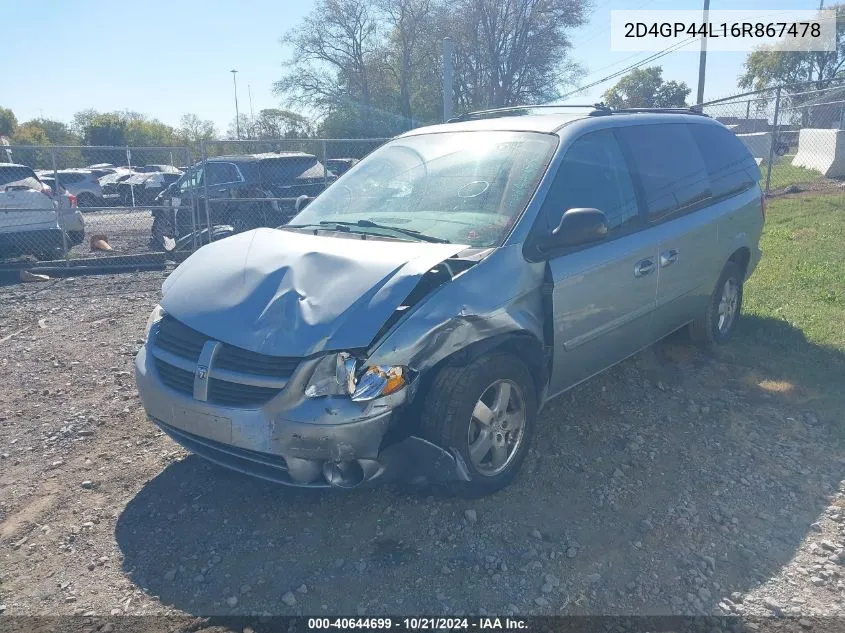 2006 Dodge Grand Caravan Sxt VIN: 2D4GP44L16R867478 Lot: 40644699