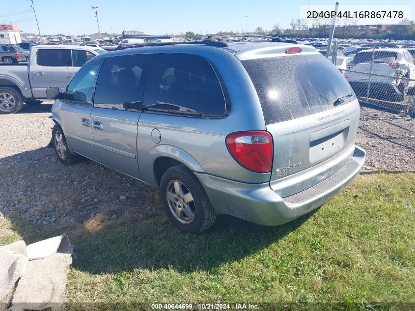 2006 Dodge Grand Caravan Sxt VIN: 2D4GP44L16R867478 Lot: 40644699