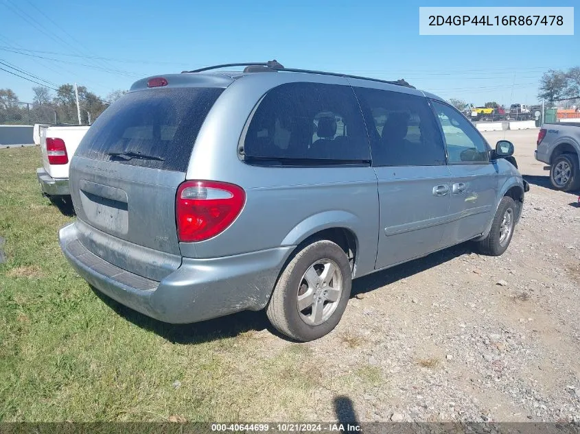 2006 Dodge Grand Caravan Sxt VIN: 2D4GP44L16R867478 Lot: 40644699