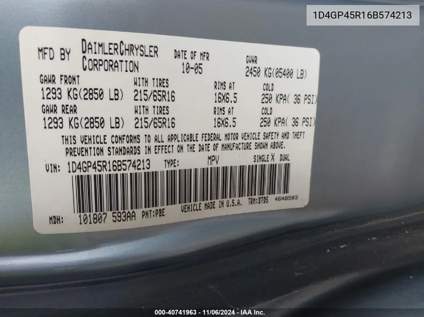 2006 Dodge Caravan Sxt VIN: 1D4GP45R16B574213 Lot: 40741963