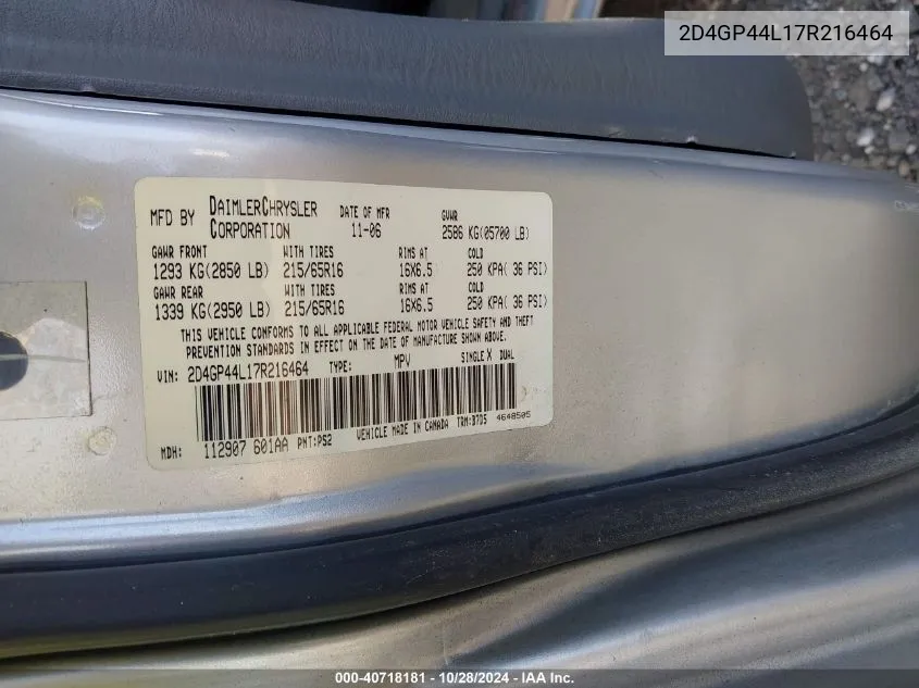 2D4GP44L17R216464 2007 Dodge Grand Caravan Sxt