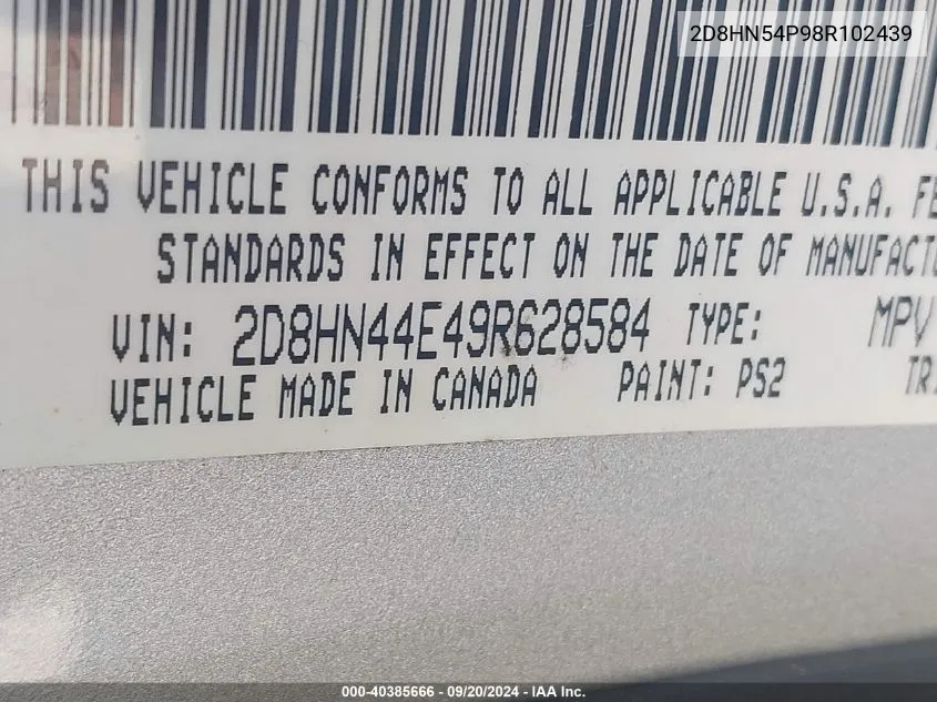 2008 Dodge Grand Caravan Sxt VIN: 2D8HN54P98R102439 Lot: 40385666