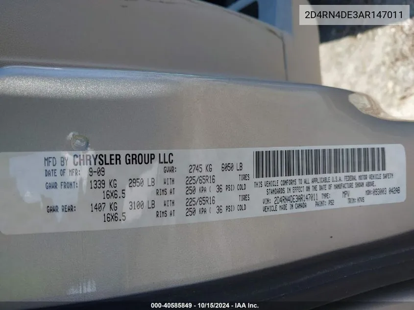 2010 Dodge Grand Caravan Se VIN: 2D4RN4DE3AR147011 Lot: 40585849