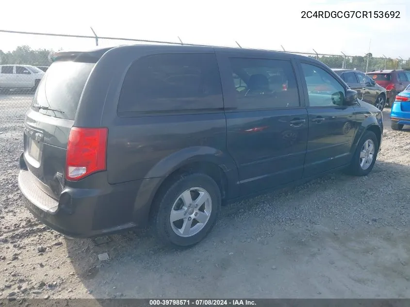 2012 Dodge Grand Caravan Sxt VIN: 2C4RDGCG7CR153692 Lot: 39798571