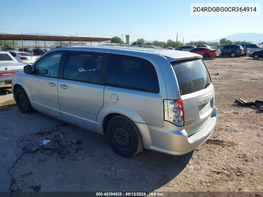 2012 Dodge Grand Caravan Se VIN: 2C4RDGBG0CR364914 Lot: 40294825