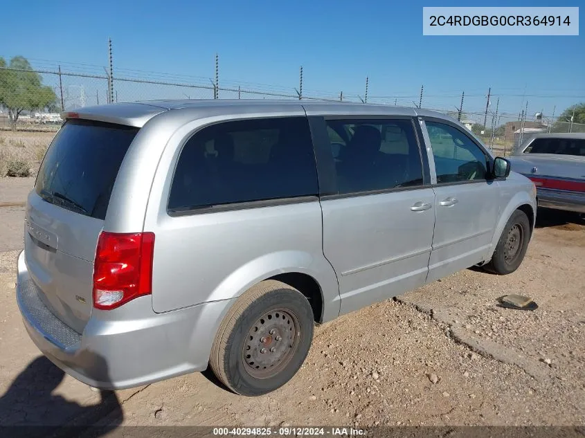 2012 Dodge Grand Caravan Se VIN: 2C4RDGBG0CR364914 Lot: 40294825