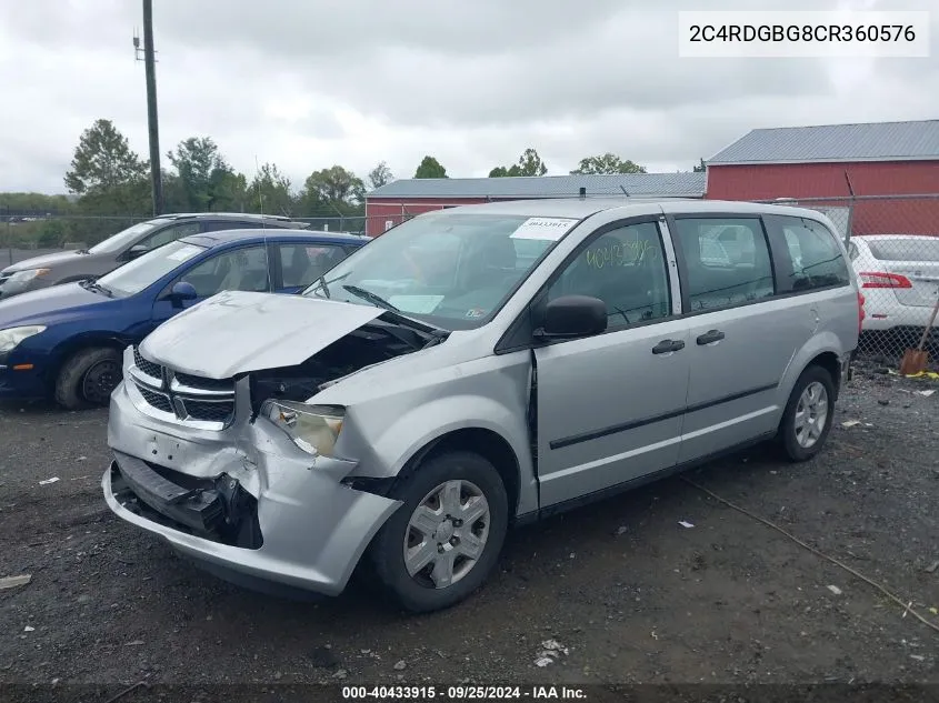 2012 Dodge Grand Caravan Se/Avp VIN: 2C4RDGBG8CR360576 Lot: 40433915