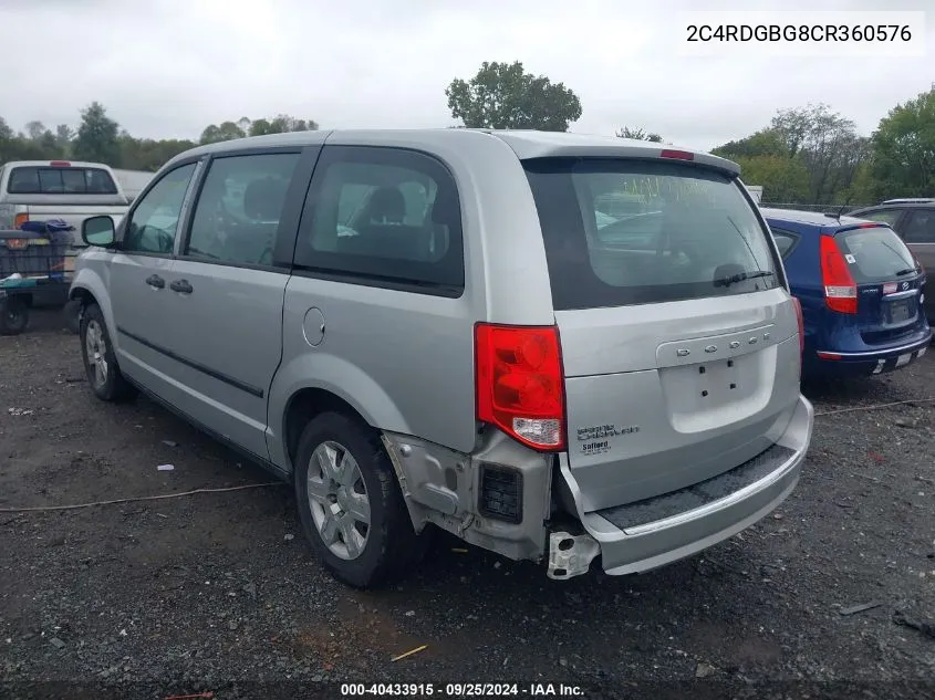 2012 Dodge Grand Caravan Se/Avp VIN: 2C4RDGBG8CR360576 Lot: 40433915