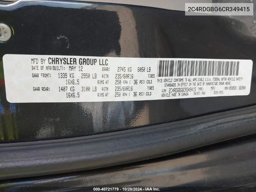 2C4RDGBG6CR349415 2012 Dodge Grand Caravan Se/Avp