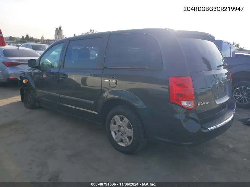 2012 Dodge Grand Caravan Se/Avp VIN: 2C4RDGBG3CR219947 Lot: 40791586