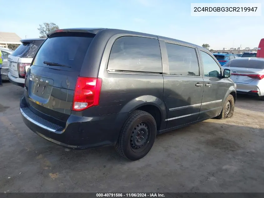 2012 Dodge Grand Caravan Se/Avp VIN: 2C4RDGBG3CR219947 Lot: 40791586