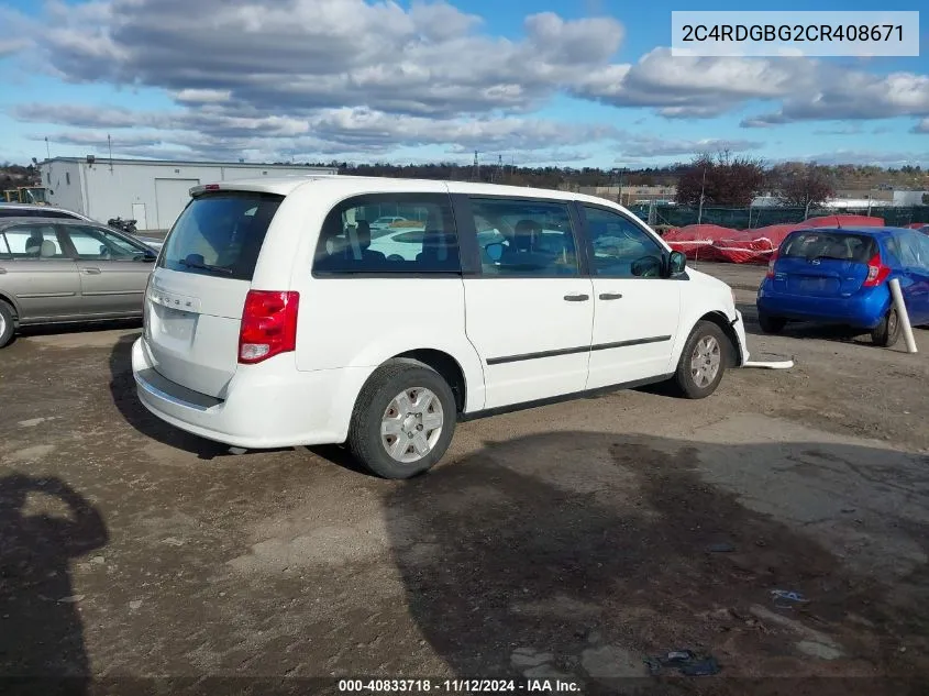 2012 Dodge Grand Caravan Se/Avp VIN: 2C4RDGBG2CR408671 Lot: 40833718