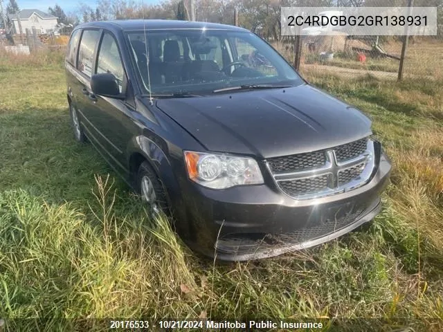 2016 Dodge Grand Caravan Sxt VIN: 2C4RDGBG2GR138931 Lot: 20176533