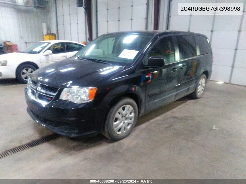 2016 Dodge Grand Caravan Se VIN: 2C4RDGBG7GR398998 Lot: 40388200