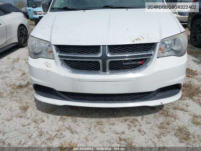 2016 Dodge Grand Caravan Se VIN: 2C4RDGBG8GR322402 Lot: 40488985