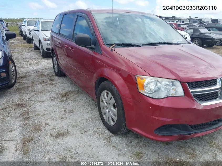 2016 Dodge Grand Caravan Se VIN: 2C4RDGBG3GR203110 Lot: 40516272