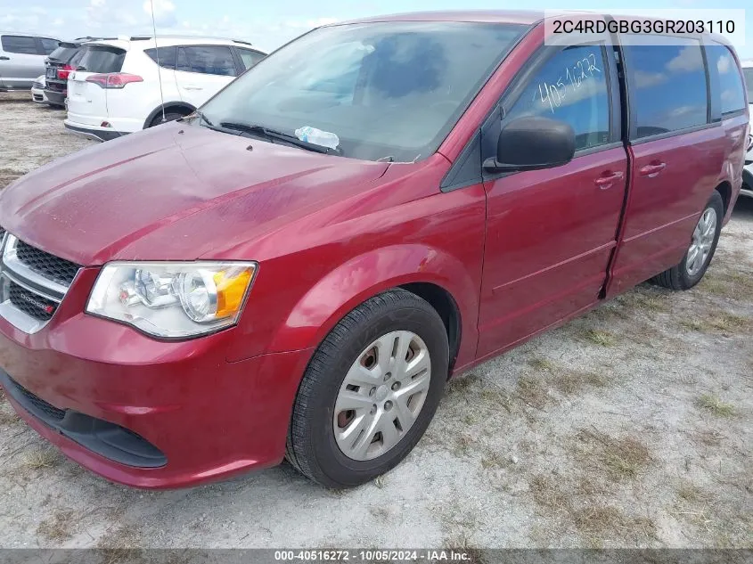 2016 Dodge Grand Caravan Se VIN: 2C4RDGBG3GR203110 Lot: 40516272