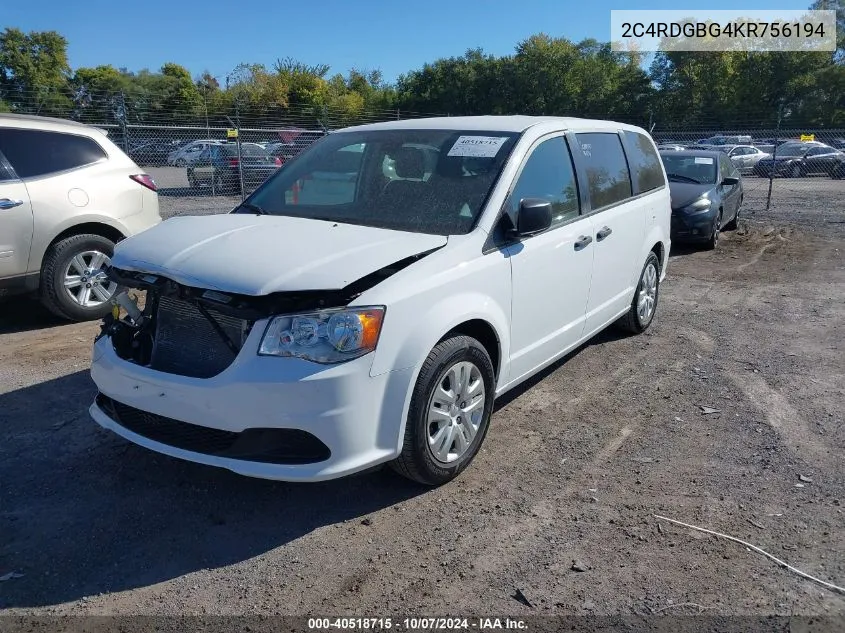 2019 Dodge Grand Caravan Se VIN: 2C4RDGBG4KR756194 Lot: 40518715