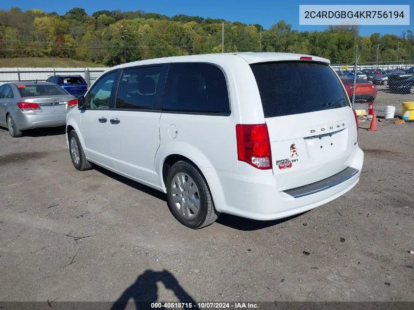 2019 Dodge Grand Caravan Se VIN: 2C4RDGBG4KR756194 Lot: 40518715