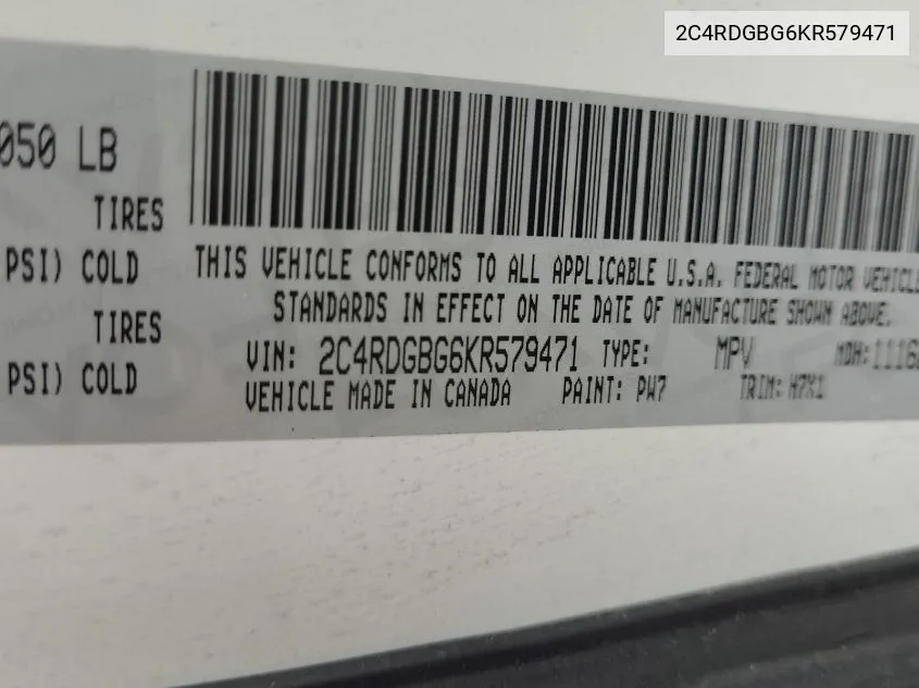 2019 Dodge Grand Caravan Se VIN: 2C4RDGBG6KR579471 Lot: 40775796