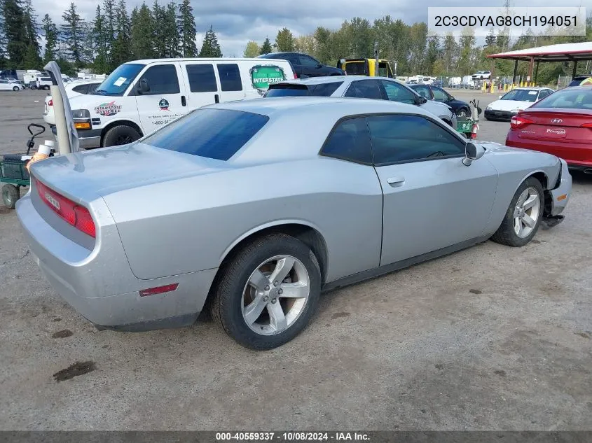 2012 Dodge Challenger Sxt VIN: 2C3CDYAG8CH194051 Lot: 40559337