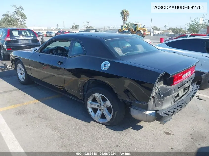 2C3CDYAG0DH692701 2013 Dodge Challenger Sxt