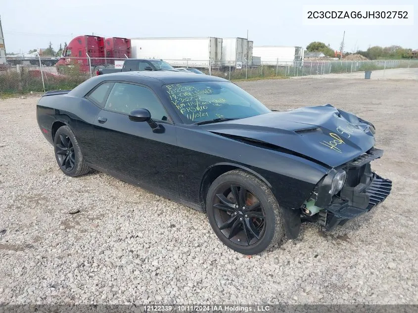 2018 Dodge Challenger Sxt VIN: 2C3CDZAG6JH302752 Lot: 12122339