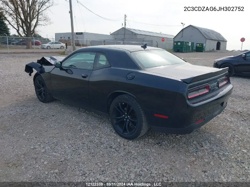 2018 Dodge Challenger Sxt VIN: 2C3CDZAG6JH302752 Lot: 12122339