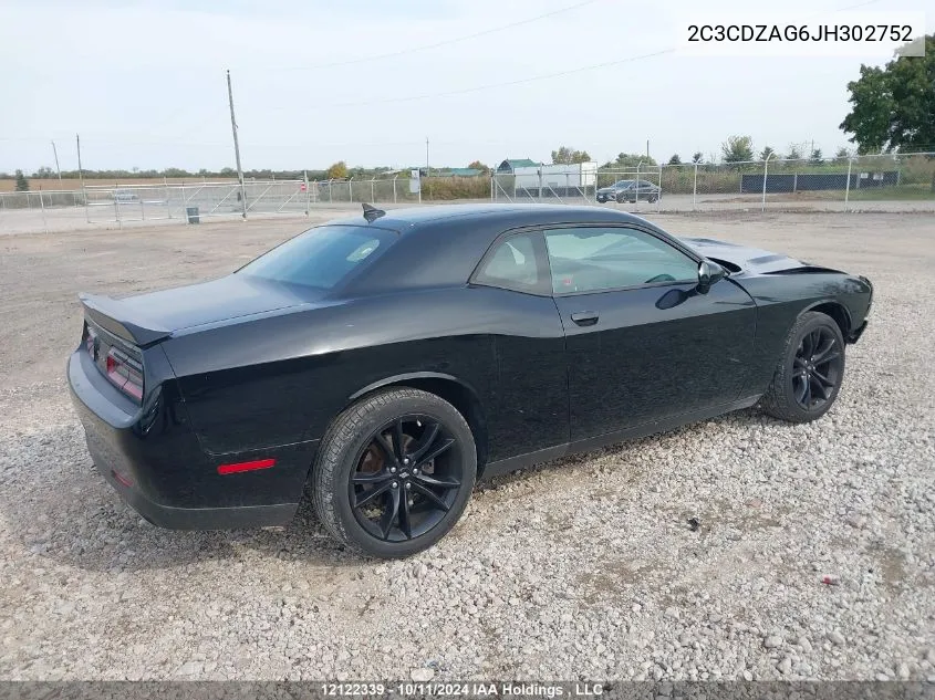 2018 Dodge Challenger Sxt VIN: 2C3CDZAG6JH302752 Lot: 12122339