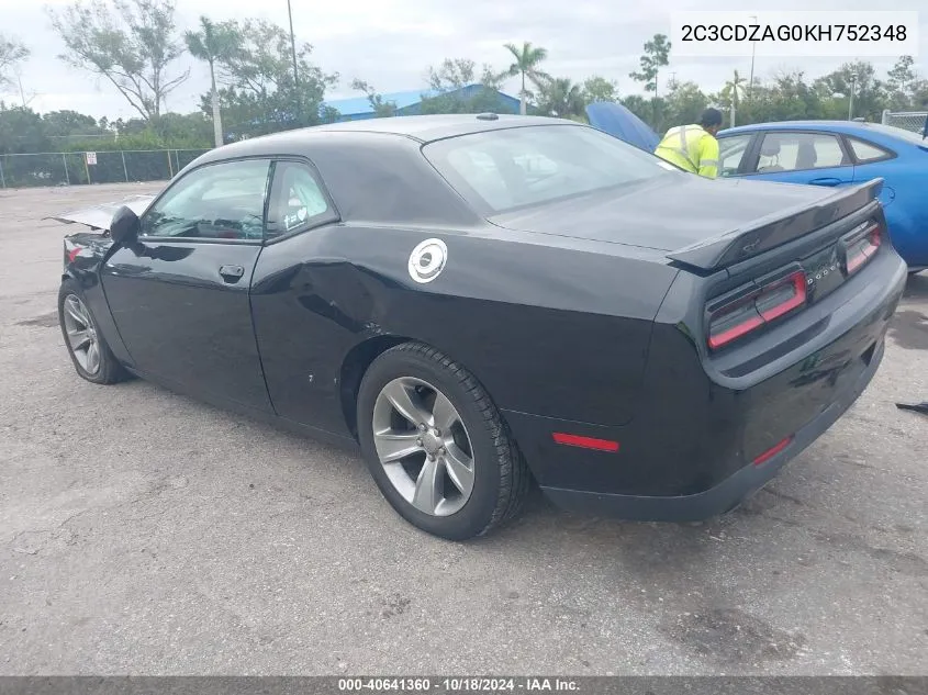 2019 Dodge Challenger Sxt VIN: 2C3CDZAG0KH752348 Lot: 40641360