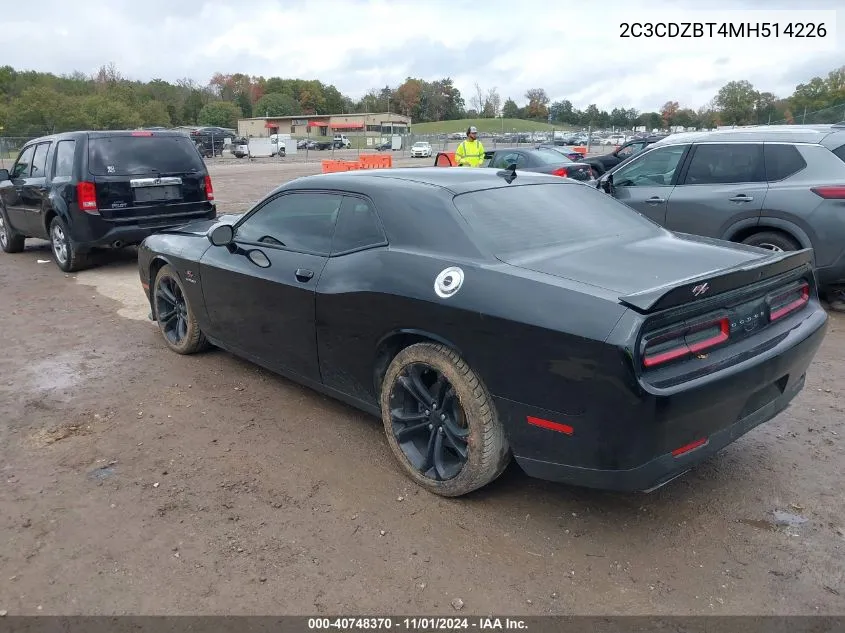 2021 Dodge Challenger R/T VIN: 2C3CDZBT4MH514226 Lot: 40748370