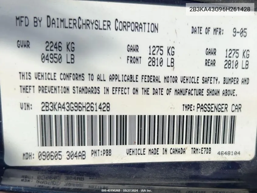 2B3KA43G96H261428 2006 Dodge Charger