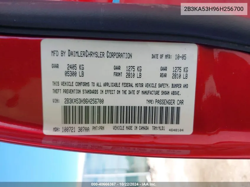 2006 Dodge Charger Rt VIN: 2B3KA53H96H256700 Lot: 40666367