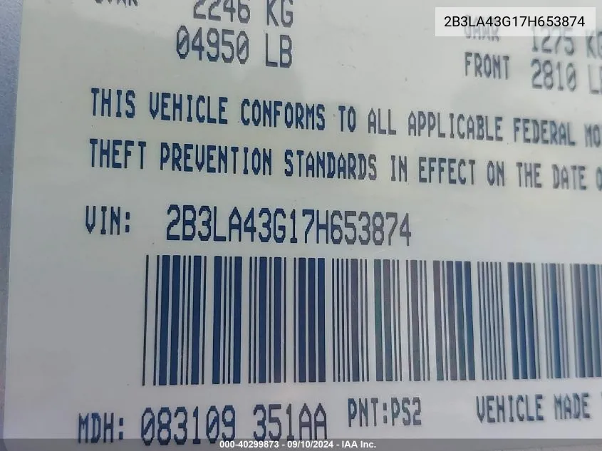 2007 Dodge Charger Se/Sxt VIN: 2B3LA43G17H653874 Lot: 40299873