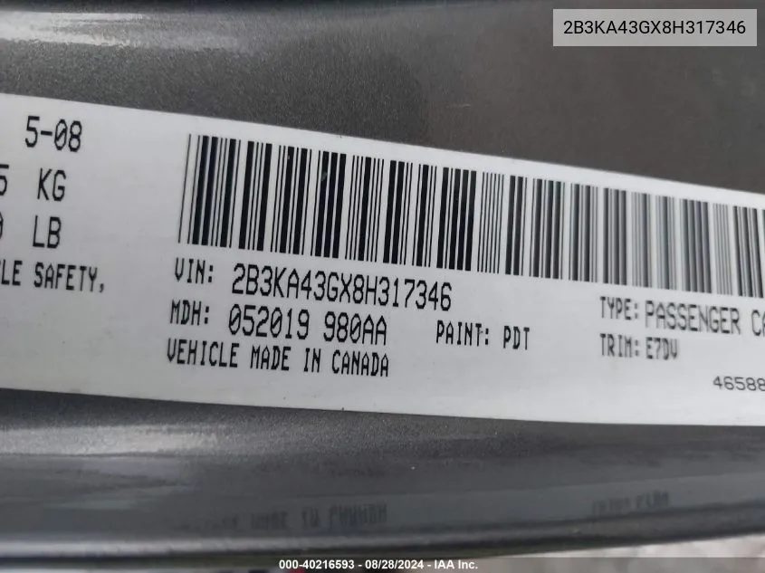 2008 Dodge Charger VIN: 2B3KA43GX8H317346 Lot: 40216593