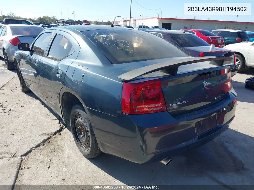 2008 Dodge Charger VIN: 2B3LA43R98H194502 Lot: 40682239