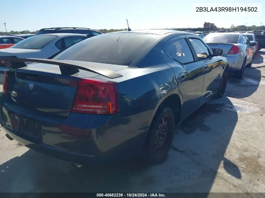 2008 Dodge Charger VIN: 2B3LA43R98H194502 Lot: 40682239