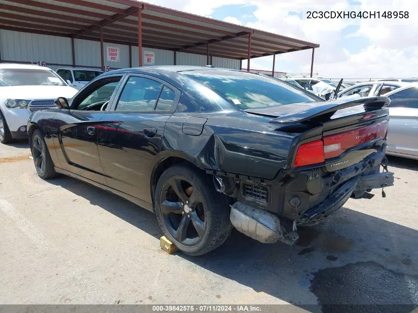 2012 Dodge Charger Sxt VIN: 2C3CDXHG4CH148958 Lot: 39842575