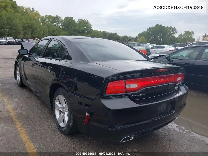 2012 Dodge Charger Se VIN: 2C3CDXBGXCH190348 Lot: 40399667