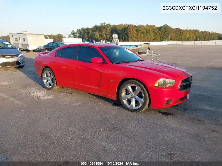 2012 Dodge Charger R/T VIN: 2C3CDXCTXCH194752 Lot: 40543084