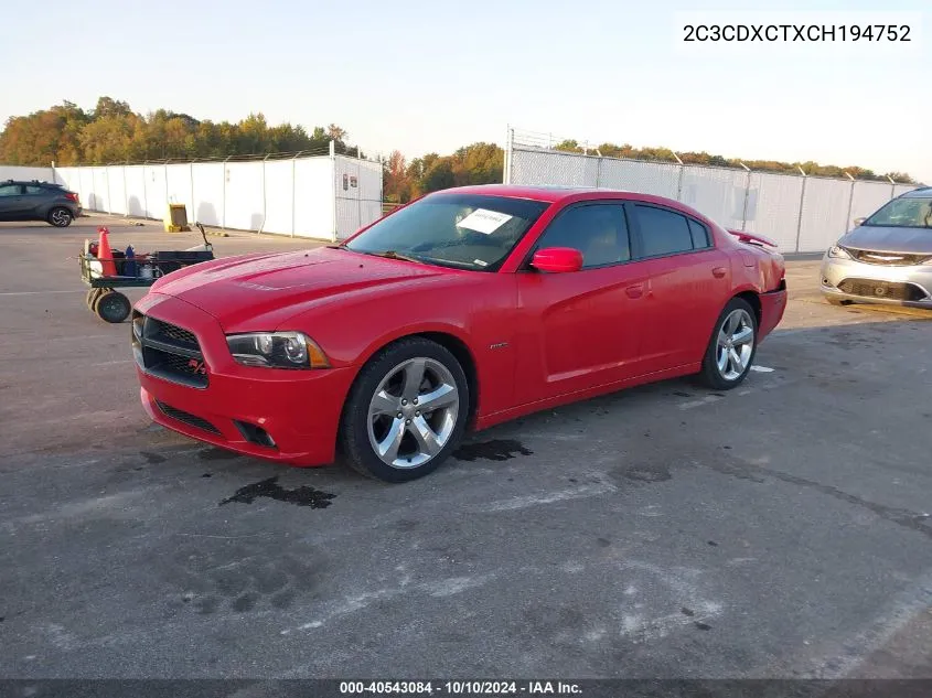 2012 Dodge Charger R/T VIN: 2C3CDXCTXCH194752 Lot: 40543084